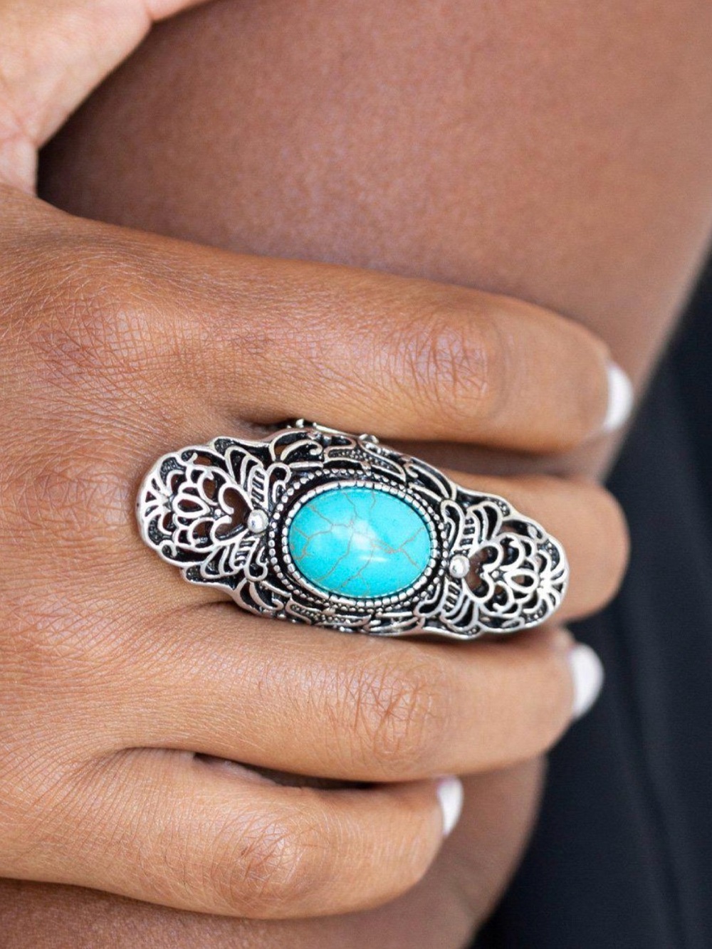 Turquoise Oval Filigree Statement Ring - Blue